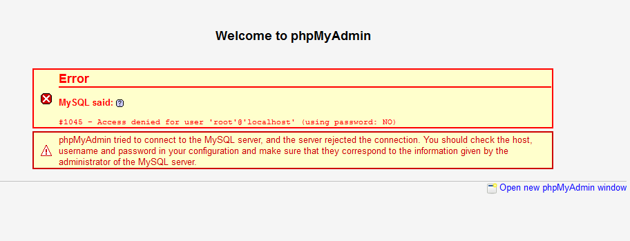 phpMyAdmin používá automatické zadávání hesla, takže chyba je doprovázena (Používá heslo: NE)
